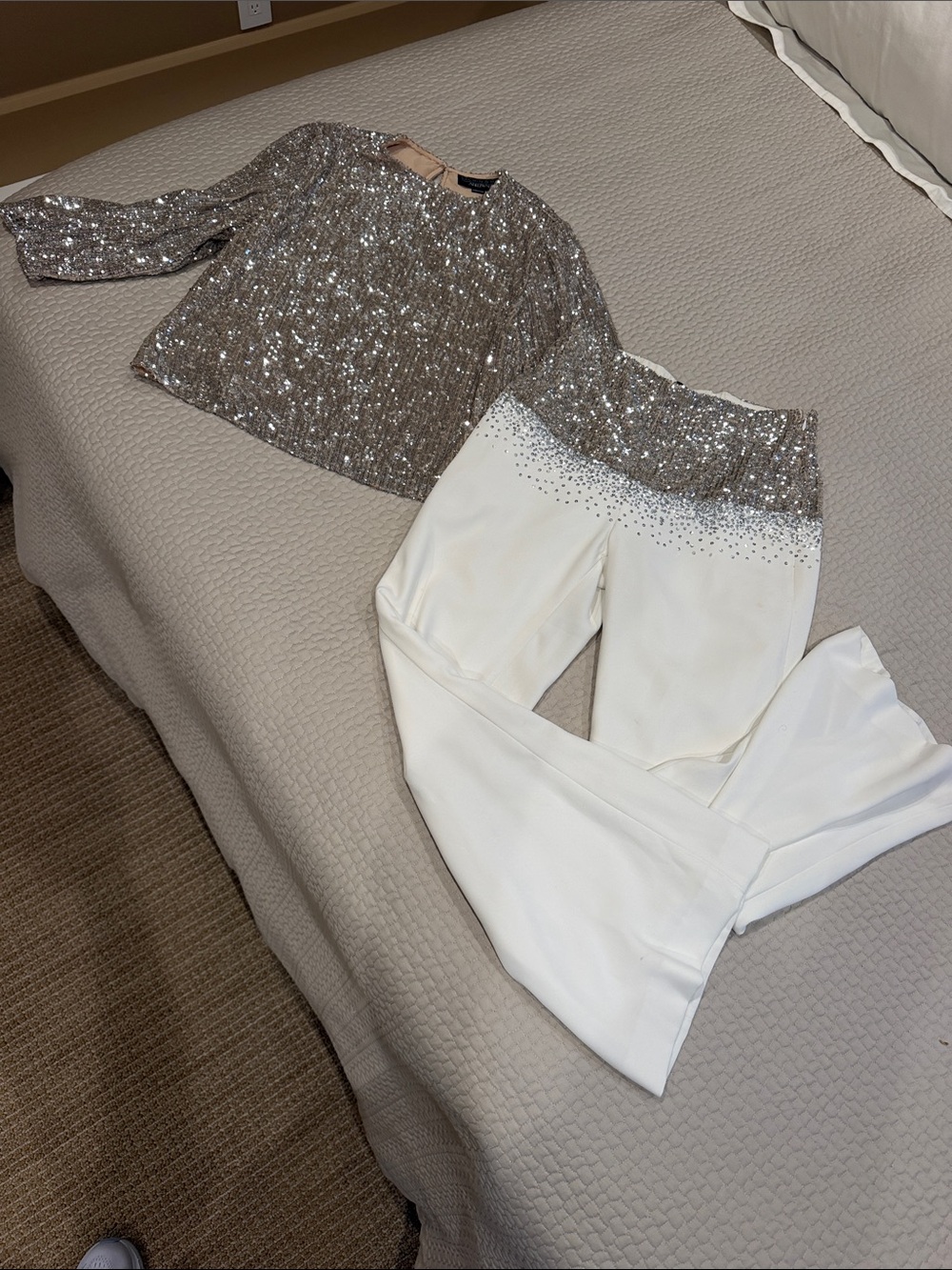 Sequin-Embellished White Flare Pants and top